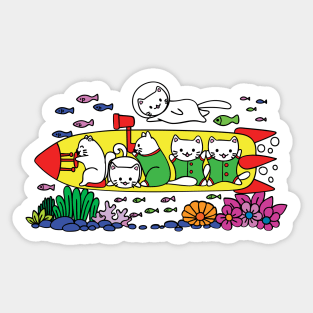 6 Adventurer Kitty Cats in a Yellow Submarine Exploring the Seas Sticker